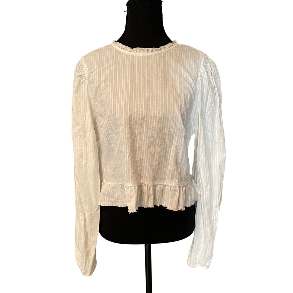 White Textured Ribbed Ruffle Neck Cropped Long Sleeve Top Women M Fairy Coquette